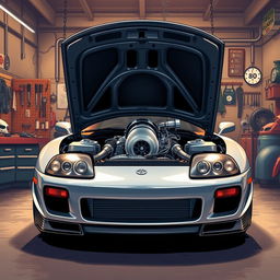 An immersive illustration of a Toyota Supra MK4 with its hood raised, prominently showcasing a robust 2JZ engine paired with a large turbocharger