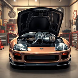 An immersive illustration of a Toyota Supra MK4 with its hood raised, prominently showcasing a robust 2JZ engine paired with a large turbocharger