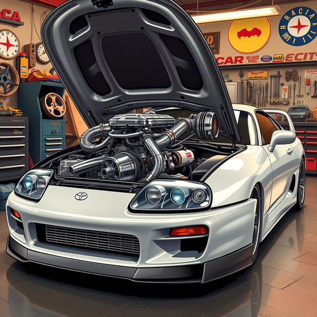 An immersive illustration of a Toyota Supra MK4 with its hood raised, prominently showcasing a robust 2JZ engine paired with a large turbocharger