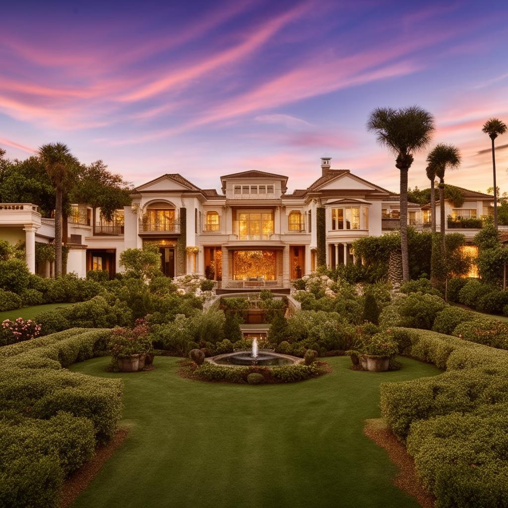 A luxurious, stunning house with intricate architecture and lush surrounding gardens under a captivating sunset sky.