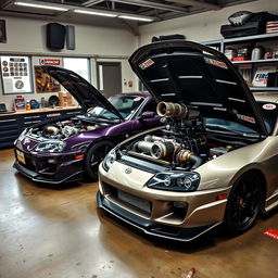 An exciting scene featuring a Toyota Supra MK4 and a Nissan GT-R R34, both with their hoods raised, showcasing the impressive 2JZ engine in the Supra, complete with a large turbocharger