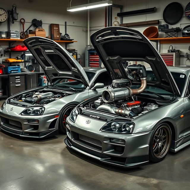 An exciting scene featuring a Toyota Supra MK4 and a Nissan GT-R R34, both with their hoods raised, showcasing the impressive 2JZ engine in the Supra, complete with a large turbocharger