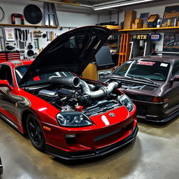 An exciting scene featuring a Toyota Supra MK4 and a Nissan GT-R R34, both with their hoods raised, showcasing the impressive 2JZ engine in the Supra, complete with a large turbocharger