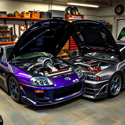 An exciting scene featuring a Toyota Supra MK4 and a Nissan GT-R R34, both with their hoods raised, showcasing the impressive 2JZ engine in the Supra, complete with a large turbocharger