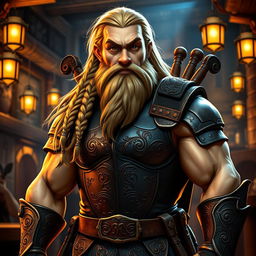 A good-looking, muscular dwarf bard with long, flowing blond hair complemented by a beautifully braided beard