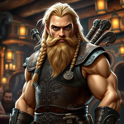 A good-looking, muscular dwarf bard with long, flowing blond hair complemented by a beautifully braided beard