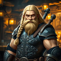 A good-looking, muscular dwarf bard with long, flowing blond hair complemented by a beautifully braided beard