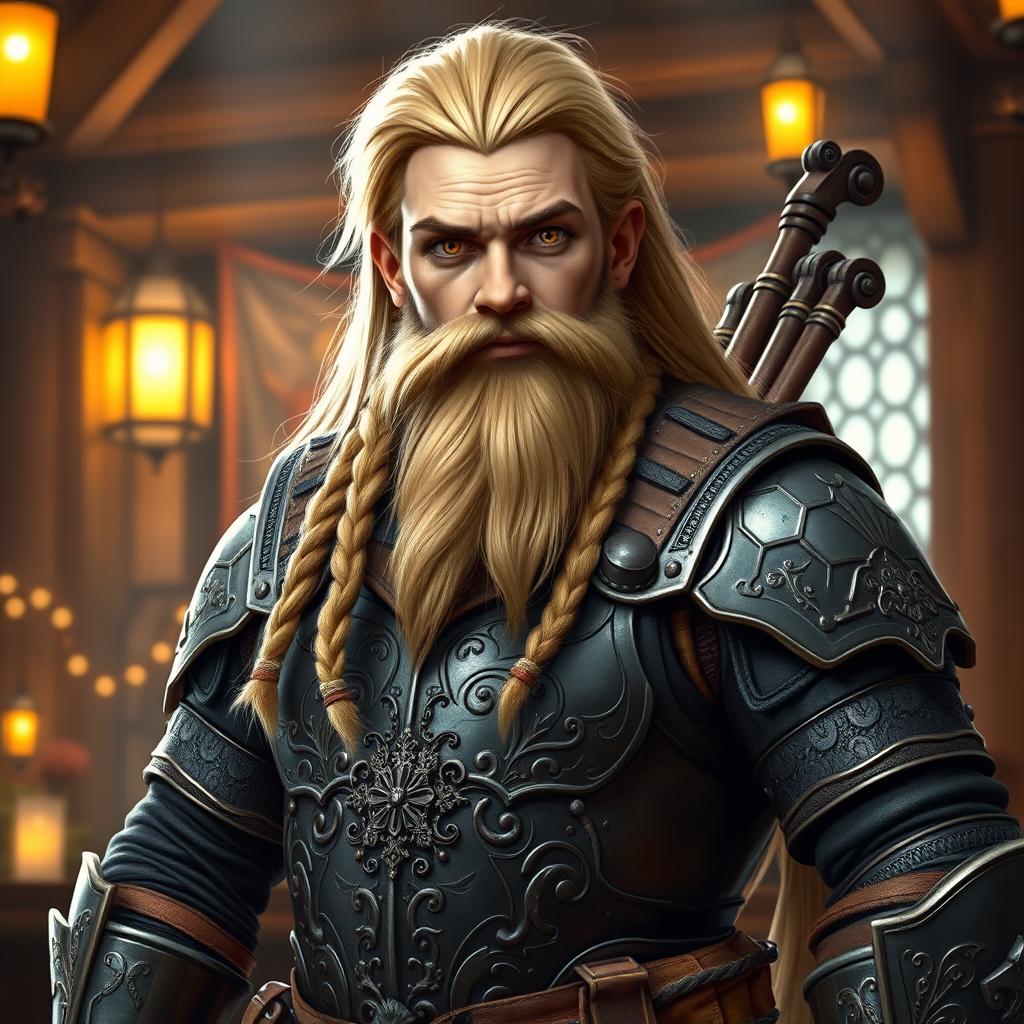 A good-looking, muscular dwarf bard with long, flowing blond hair complemented by a beautifully braided beard