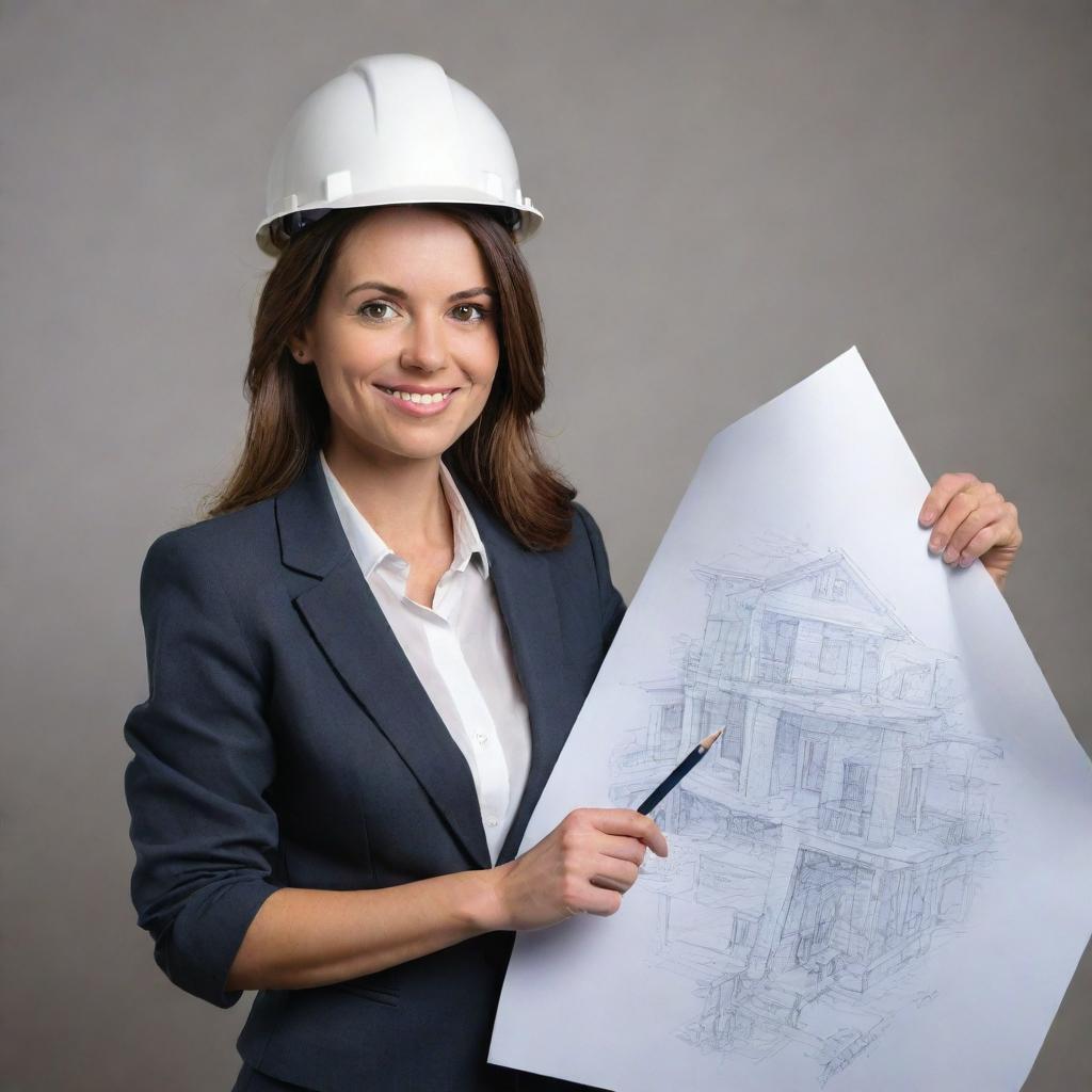 Generate a caricature of a woman interior architect. She should have exaggerated, comical features, and be depicted in professional attire holding blueprints and a pencil, embodying the essence of her profession.