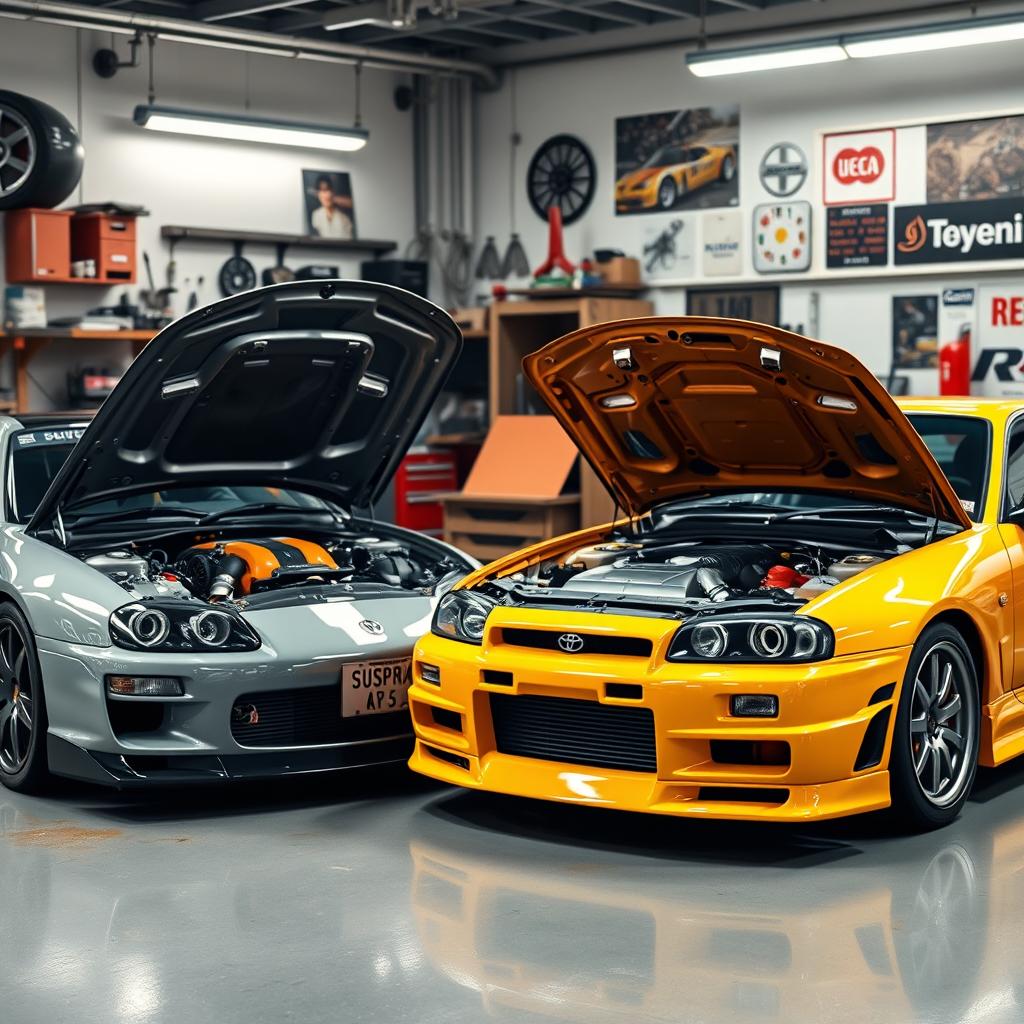 A striking scene featuring a Toyota Supra MK4 parked alongside a Nissan GT-R R34, both with their hoods raised to reveal beautifully crafted engines