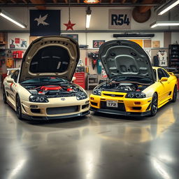 A striking scene featuring a Toyota Supra MK4 parked alongside a Nissan GT-R R34, both with their hoods raised to reveal beautifully crafted engines