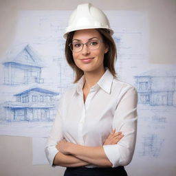 Generate a caricature of a woman interior architect. She should have exaggerated, comical features, and be depicted in professional attire holding blueprints and a pencil, embodying the essence of her profession.