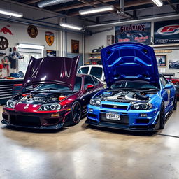 A striking scene featuring a Toyota Supra MK4 parked alongside a Nissan GT-R R34, both with their hoods raised to reveal beautifully crafted engines