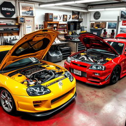 A striking scene featuring a Toyota Supra MK4 parked alongside a Nissan GT-R R34, both with their hoods raised to reveal beautifully crafted engines