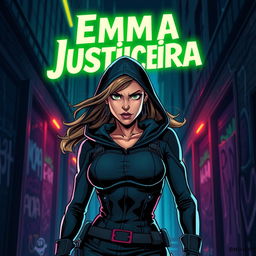 A striking and dynamic scene featuring a female vigilante named Emma