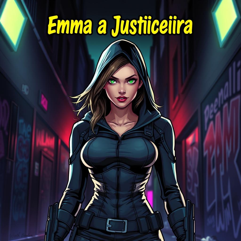 A striking and dynamic scene featuring a female vigilante named Emma