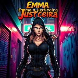 A striking and dynamic scene featuring a female vigilante named Emma