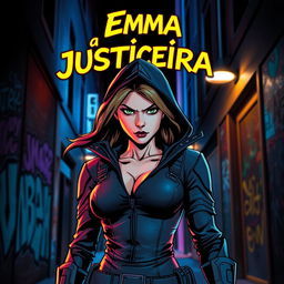 A striking and dynamic scene featuring a female vigilante named Emma