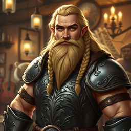 A good-looking, muscular bard dwarf with long, flowing blond hair and an intricately braided beard