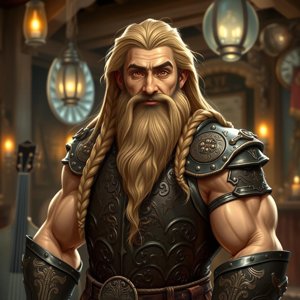 A good-looking, muscular bard dwarf with long, flowing blond hair and an intricately braided beard