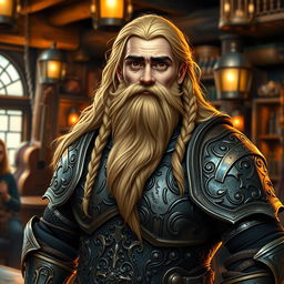 A good-looking, muscular bard dwarf with long, flowing blond hair and an intricately braided beard