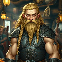 A good-looking, muscular bard dwarf with long, flowing blond hair and an intricately braided beard