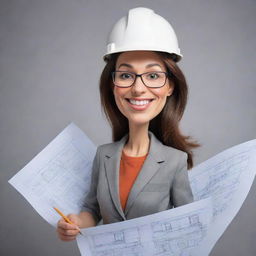 Generate a caricature of a woman interior architect. She should have exaggerated, comical features, and be depicted in professional attire holding blueprints and a pencil, embodying the essence of her profession.