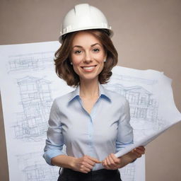 Generate a caricature of a woman interior architect. She should have exaggerated, comical features, and be depicted in professional attire holding blueprints and a pencil, embodying the essence of her profession.