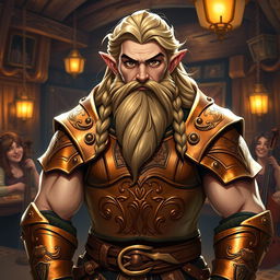 A good-looking, muscular bard dwarf with long, flowing blond hair and an intricately braided beard