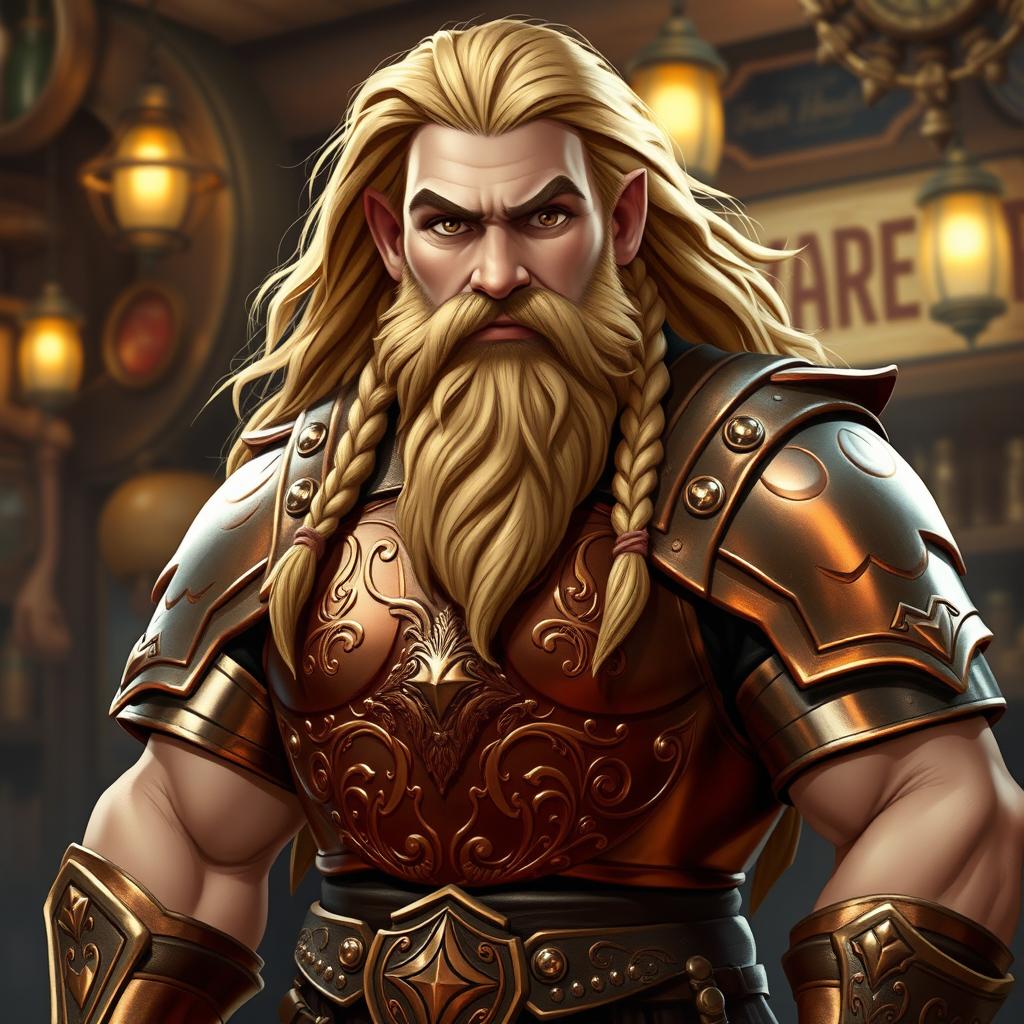 A good-looking, muscular bard dwarf with long, flowing blond hair and an intricately braided beard