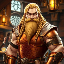 A good-looking, muscular bard dwarf with long, flowing blond hair and an intricately braided beard