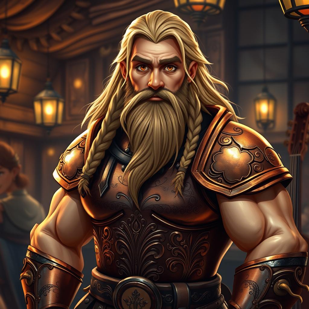 A good-looking, muscular bard dwarf with long, flowing blond hair and an intricately braided beard