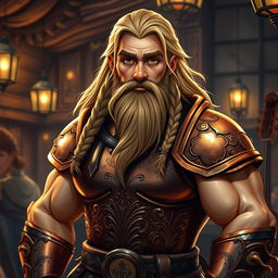 A good-looking, muscular bard dwarf with long, flowing blond hair and an intricately braided beard