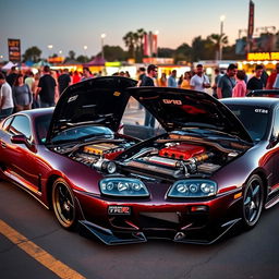 A dynamic scene at a car meet featuring a Toyota Supra MK4 parked next to a Nissan GT-R R34, both with their hoods raised to showcase their stunning engines