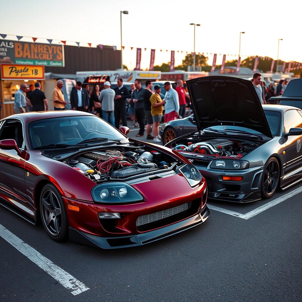 A dynamic scene at a car meet featuring a Toyota Supra MK4 parked next to a Nissan GT-R R34, both with their hoods raised to showcase their stunning engines