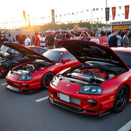 A dynamic scene at a car meet featuring a Toyota Supra MK4 parked next to a Nissan GT-R R34, both with their hoods raised to showcase their stunning engines