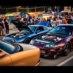 A dynamic scene at a car meet featuring a Toyota Supra MK4 parked next to a Nissan GT-R R34, both with their hoods raised to showcase their stunning engines