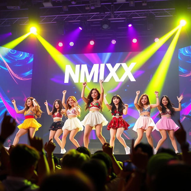 An energetic and vibrant performance by a K-pop girl group, NMIXX, on stage