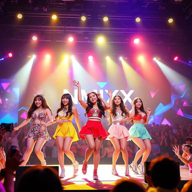 An energetic and vibrant performance by a K-pop girl group, NMIXX, on stage