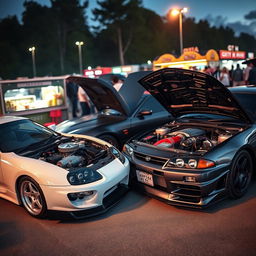 A thrilling scene at a car meet featuring a Toyota Supra MK4 parked next to a Nissan GT-R R34, both with their hoods open to showcase their respective engines