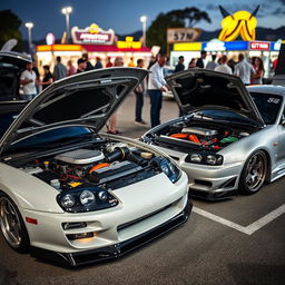 A thrilling scene at a car meet featuring a Toyota Supra MK4 parked next to a Nissan GT-R R34, both with their hoods open to showcase their respective engines