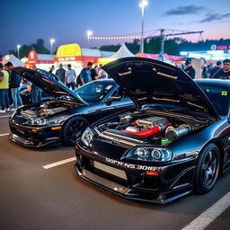 A thrilling scene at a car meet featuring a Toyota Supra MK4 parked next to a Nissan GT-R R34, both with their hoods open to showcase their respective engines