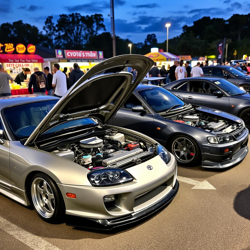 A thrilling scene at a car meet featuring a Toyota Supra MK4 parked next to a Nissan GT-R R34, both with their hoods open to showcase their respective engines