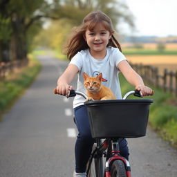 A young girl riding her bicycle, with a happy little ginger cat sitting in the bicycle's basket, its two small front paws sticking out