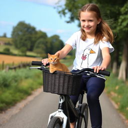 A young girl riding her bicycle, with a happy little ginger cat sitting in the bicycle's basket, its two small front paws sticking out