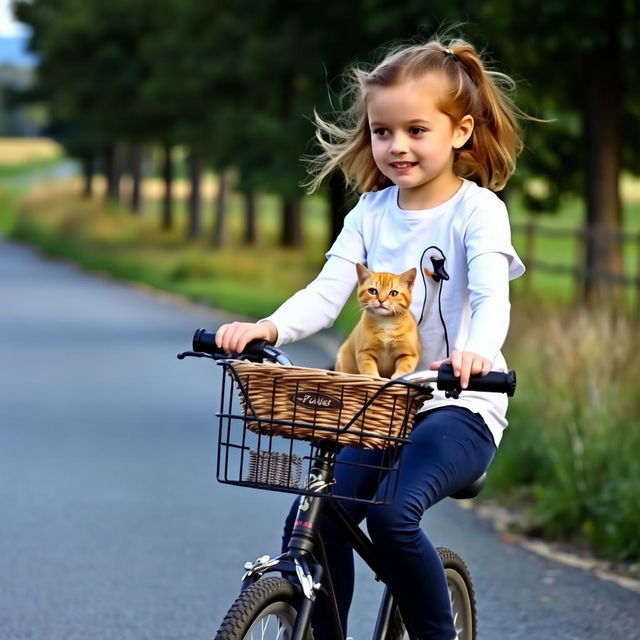 A young girl riding her bicycle, with a happy little ginger cat sitting in the bicycle's basket, its two small front paws sticking out