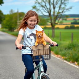 A young girl riding her bicycle, with a happy little ginger cat sitting in the bicycle's basket, its two small front paws sticking out