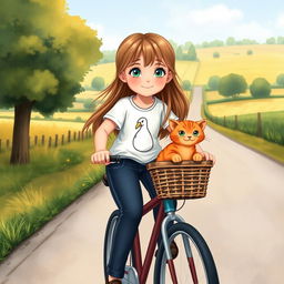 An illustration for a book cover featuring a young girl riding her bicycle, with a happy little ginger cat sitting in the bicycle's basket, its two small front paws sticking out