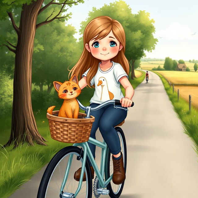 An illustration for a book cover featuring a young girl riding her bicycle, with a happy little ginger cat sitting in the bicycle's basket, its two small front paws sticking out