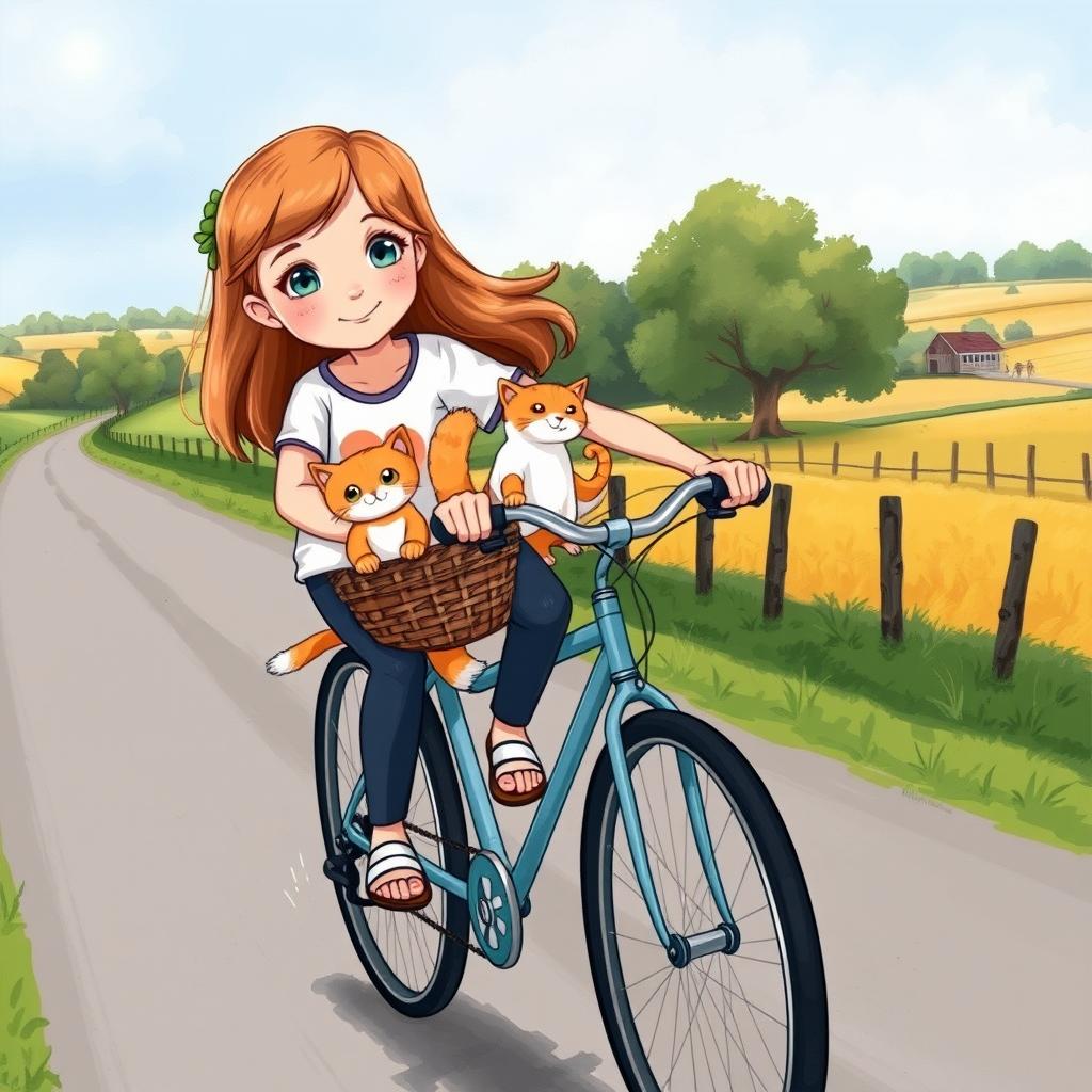 An illustration for a book cover featuring a young girl riding her bicycle, with a happy little ginger cat sitting in the bicycle's basket, its two small front paws sticking out